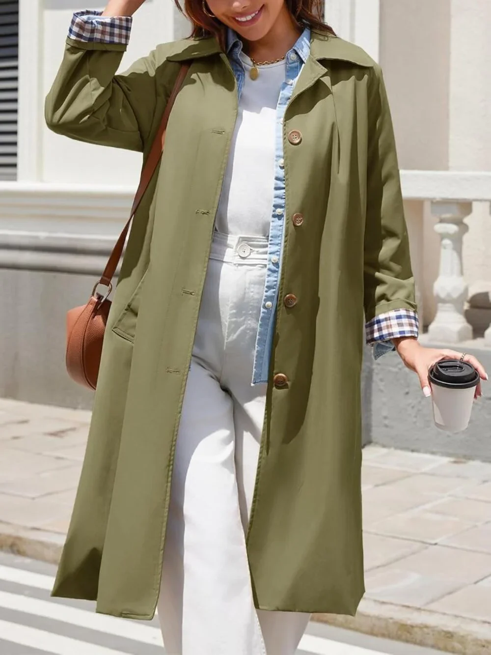 Women's Green Long Sleeve Oversized Single Breasted Windproof Winter Trench Coat